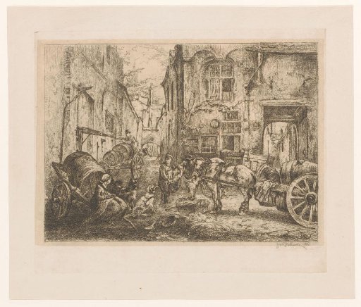 City view with figures and carriages at a crossroads