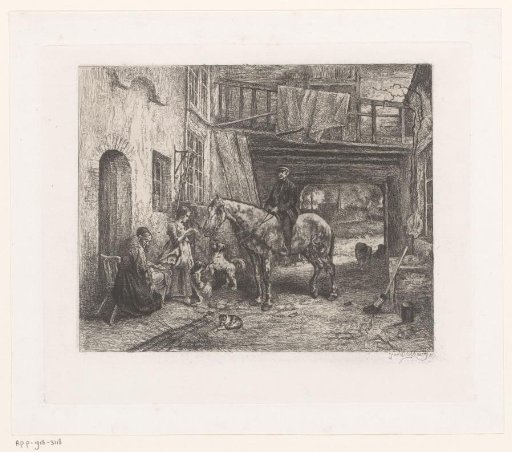 Courtyard with a man on horseback delivering a letter to a young woman