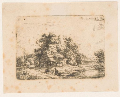 Landscape with a man seated by the water near a house