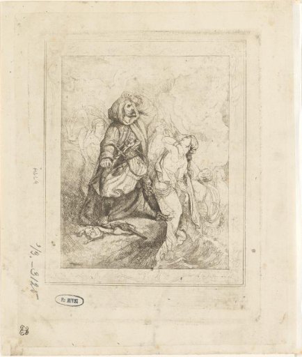 Man in a cloak standing on the edge of a rock with mythological figures in the background