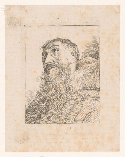 Monk looking upwards with long beard and one eye
