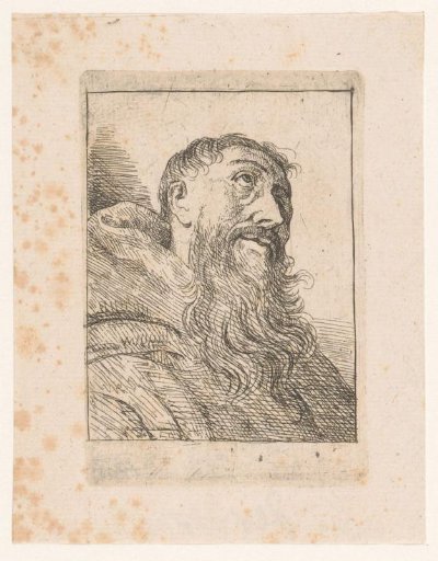 Monk looking upwards with long beard and one eye