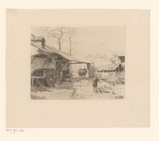 Farmyard with Young Woman Feeding Chickens