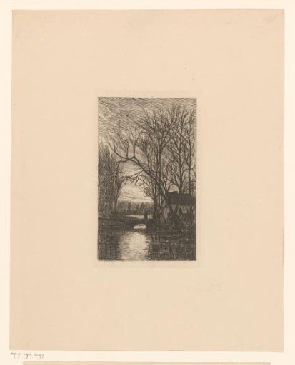 Old Woman with a Walking Stick on a Small Stone Bridge