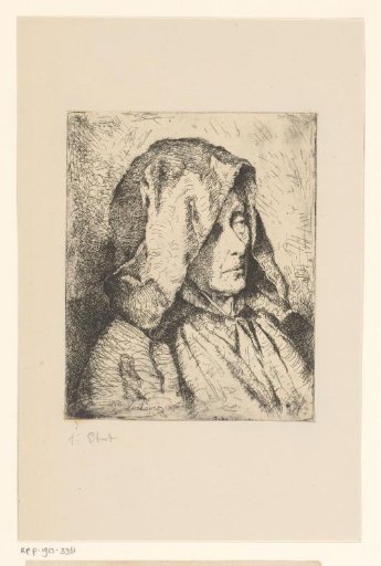 Head of an old woman with a hood
