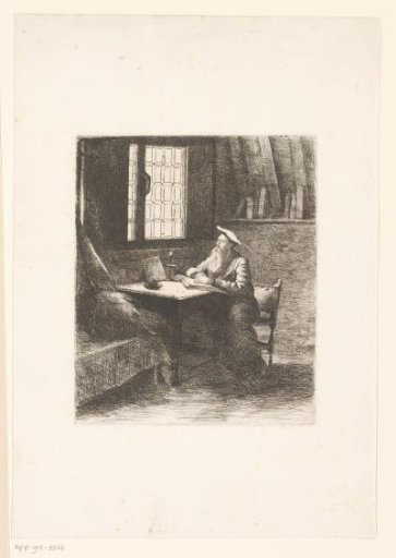 Man seated at a table with an open book looking out through a window