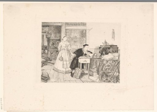Interior with a young woman standing next to an alchemist at his desk