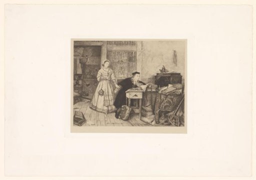 Interior with a young woman standing next to an alchemist at his desk