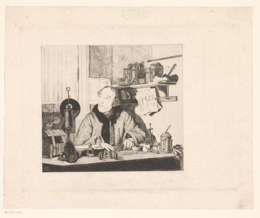 Man weighing valuables by lamplight