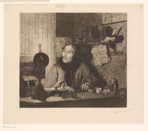 Man weighing valuables by lamplight