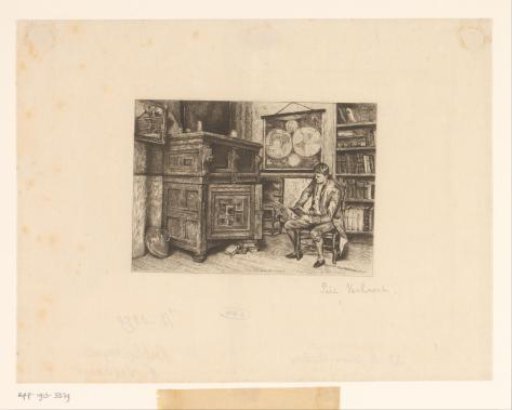 Interior with a man reading seated before a bookcase