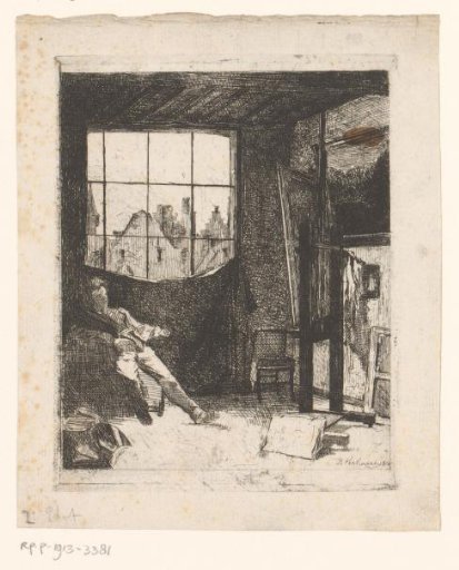 Painter viewing his work in his studio