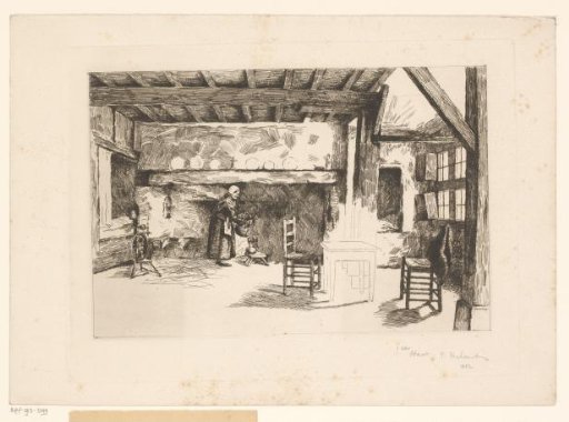 Interior of a farmhouse with a woman at the hearth