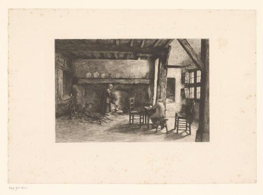 Interior of a farmhouse with a woman at the hearth and a man at the table