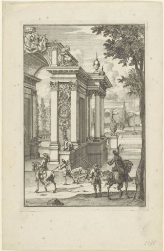 Hunters at an ornamental gate