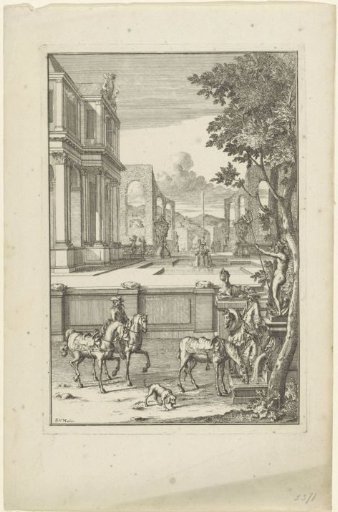 Formal garden with horsemen