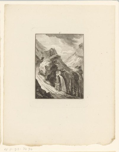 Landscape with a waterfall and travellers
