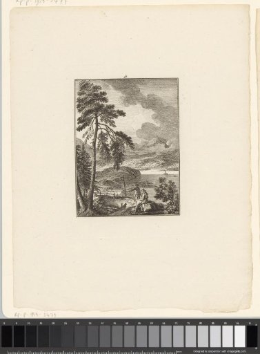 Landscape with a mountain lake and travellers