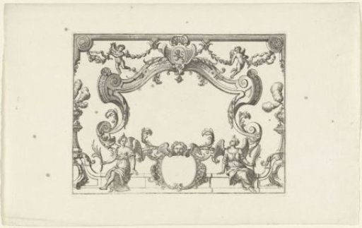 Empty cartouche crowned with a coat of arms featuring the Dutch lion and, at the bottom, two seated female figures with palm branches