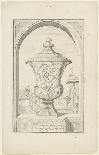 Garden vase with three monograms on a balustrade
