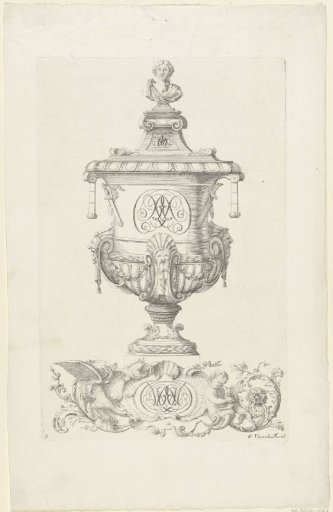 Garden vase with monogram and a cartouche with monogram at the bottom
