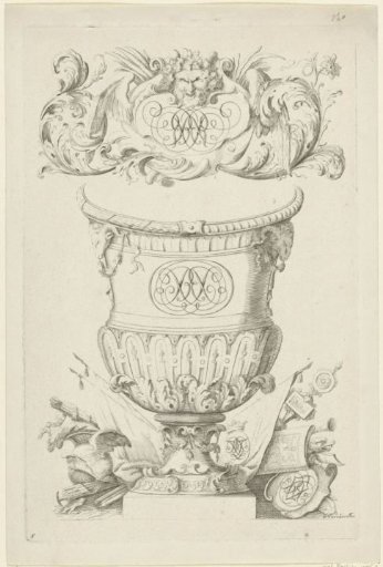 Garden vase with two monograms crowned with a satyr's head