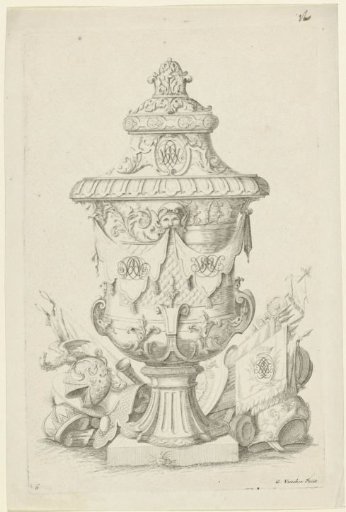 Garden vase with monograms and armor on the ground