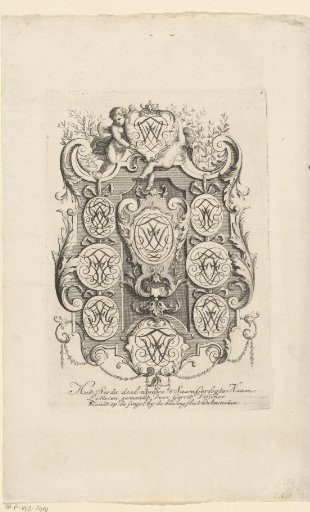 Nine monograms, one carried by putti
