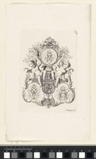 Two putti carrying a cartouche with a monogram