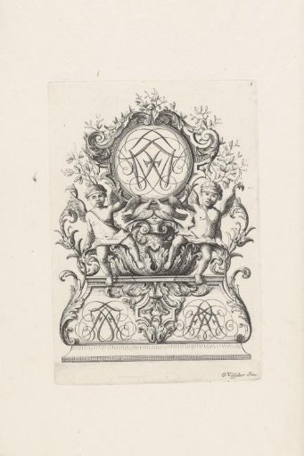 Two putti and two doves carrying a monogram