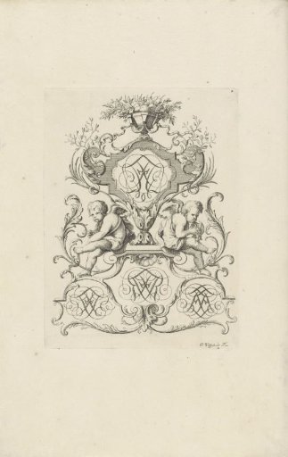 Two putti seated under a cartouche with a monogram
