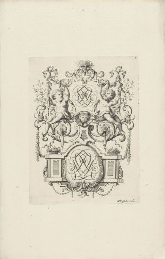 Two putti flanking a monogram