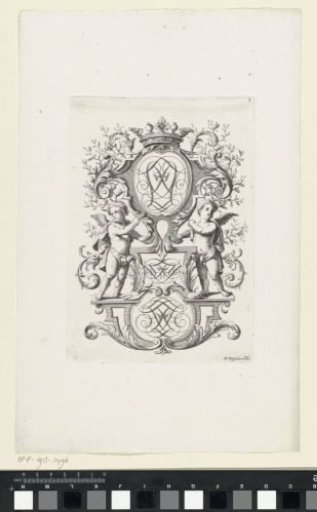 Three monograms in an ornamental frame flanked by putti