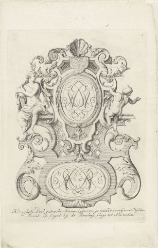 Venus and Amor flanking a monogram