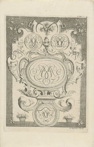 Four monograms between leaf and flower ornament