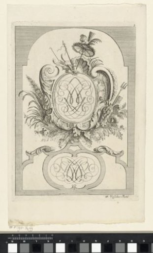 Monogram on a cartouche surrounded by volutes, leaf ornament, foliage, and a parasol