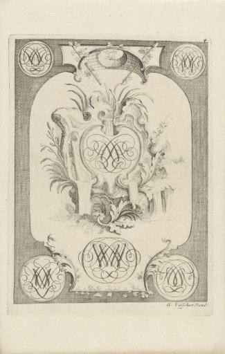 Ornamental rockwork with waterfalls and a monogram in the center