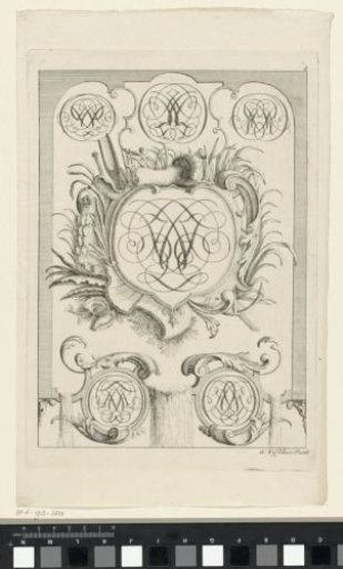 Cartouche with monogram surrounded by scrolls and grasses