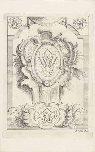Monogram in a cartouche of rocaille ornament with a waterfall at the bottom