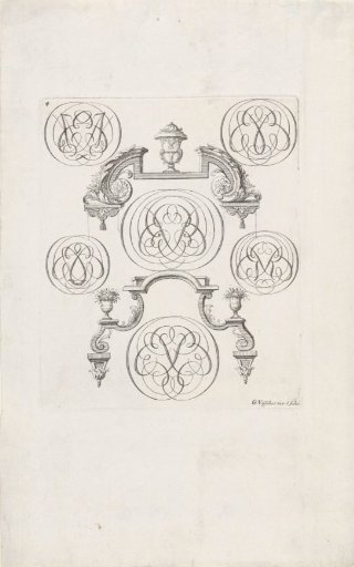 Two frames with garden vases and monograms