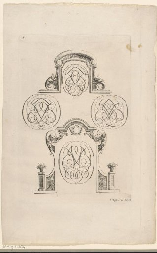 Four monograms, a frame with volutes, and a gateway
