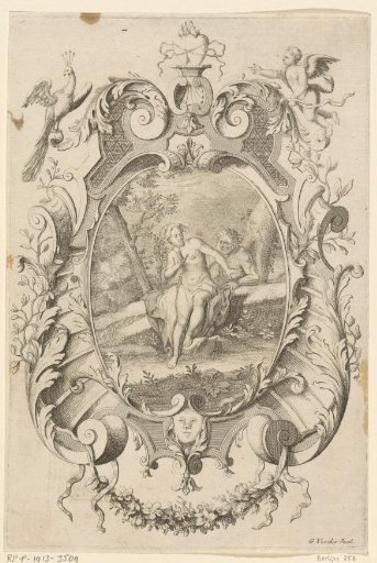 Satyr approaching a nymph in an ornamental frame