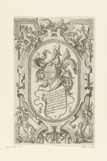 Scrollwork with a Dog on the Left and Right at the Bottom