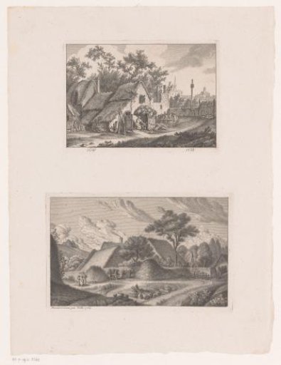 Woman Polishing Dishware and Three Figures by Haystacks