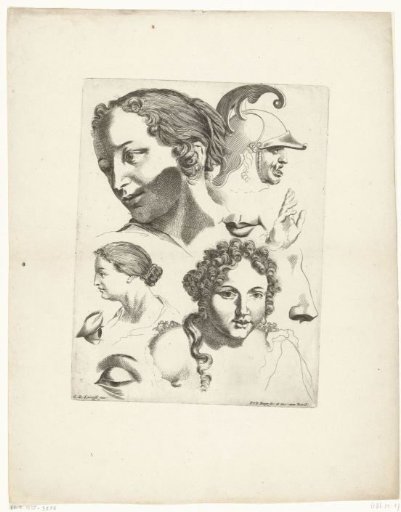 Study sheet with three female heads and a man with a helmet