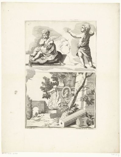 Study sheet with a ruin landscape and a child with a dove