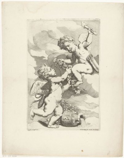 Two putti with a floral garland