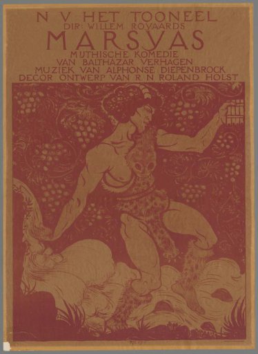 N.V. Het Toneel Dir. Willem Royaards. Marsyas Mythical Comedy by Balthazar Verhagen. Music by Alphonse Diepenbrock. Set Design by R.N. Roland Holst.
