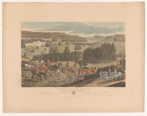 Hunters and dogs around a dying roe deer near Whatcombe House