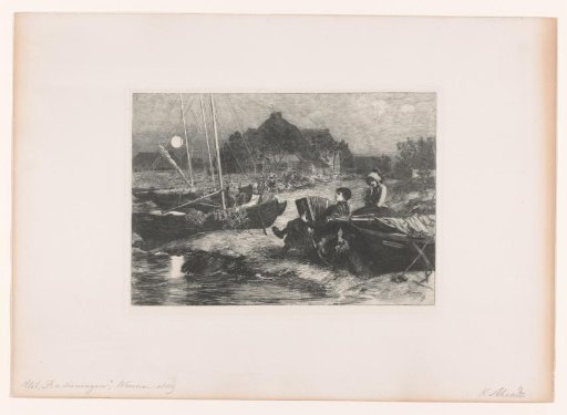 Riverbank with boats and a boy playing the harmonica